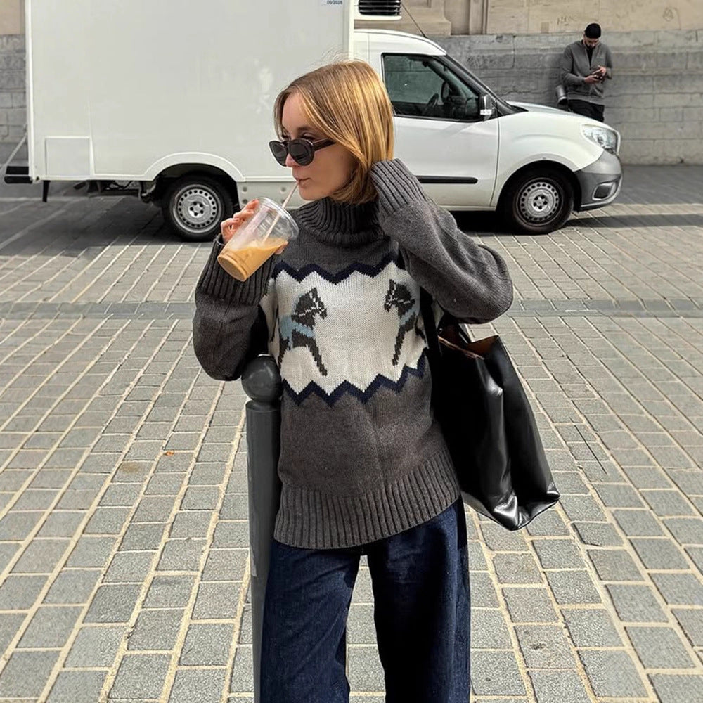 Women’s Oversized Turtleneck Sweater with Norwegian Intarsia and Ribbed Cuffs EVA-US