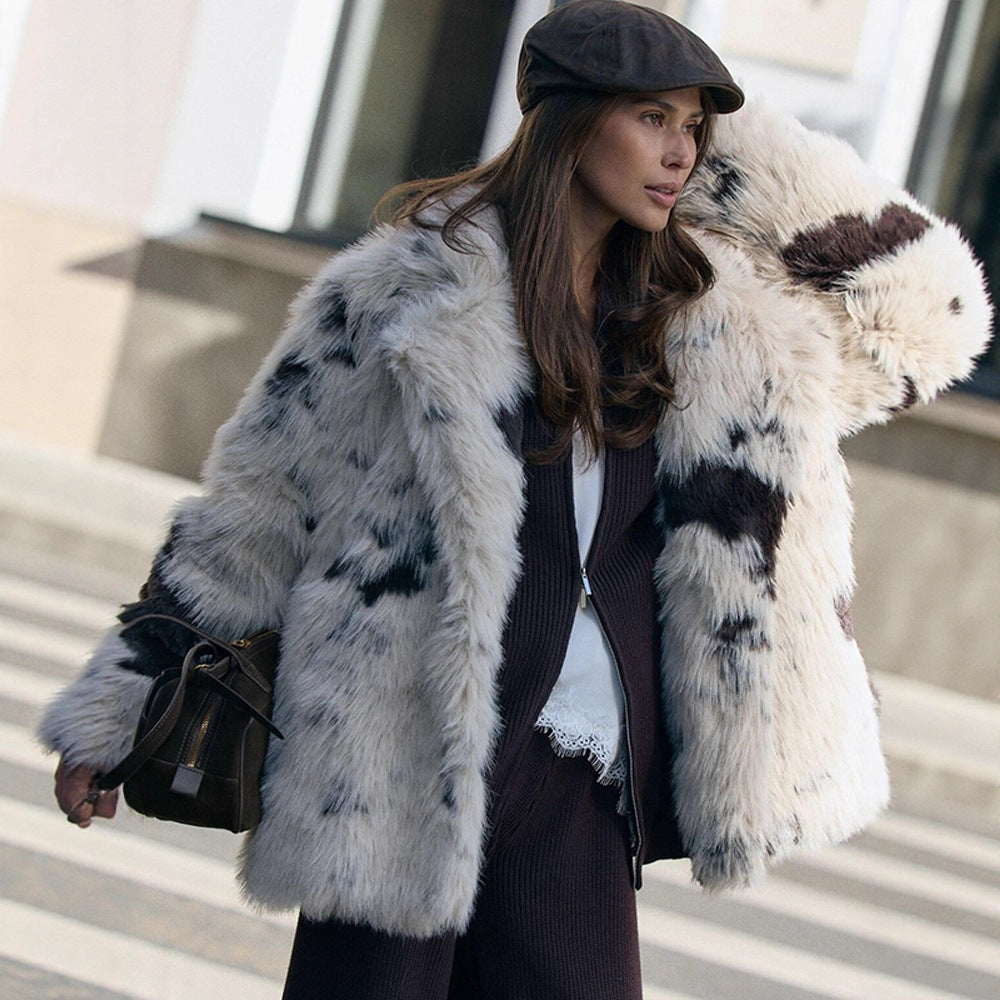 Ladies Flecked Faux Fur Coat in Oversized Cut with Voluminous Shawl Collar EVA-US