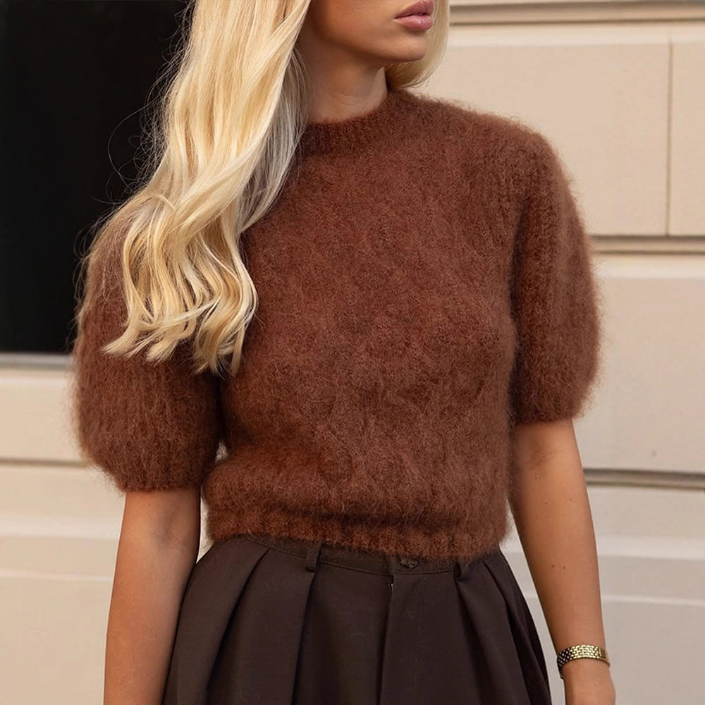 Women's Fuzzy Short-Cut Mohair-Mix Sweater with Short Sleeves and Stand-up Collar EVA-US