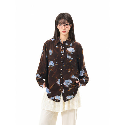 Women's Oversized Shirt Blouse with Abstract Flower Print and Patch Pocket EVA-US