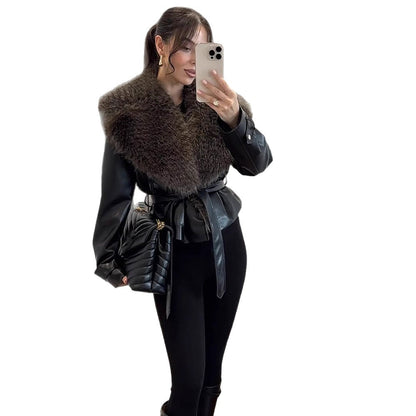 Women's tailored faux leather jacket with voluminous faux fur shawl collar and tie belt EVA-US