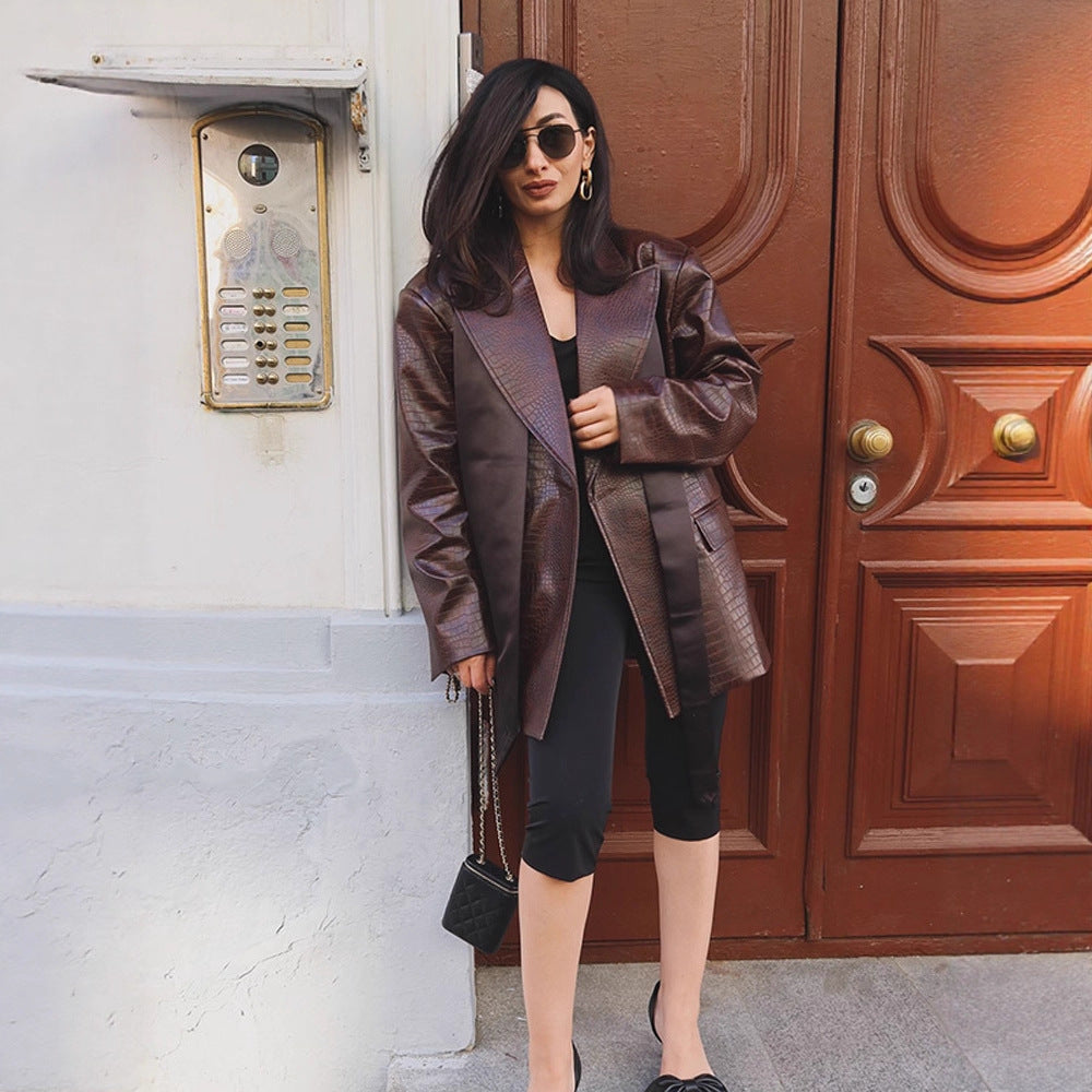 Women's Oversized Blazer Coat in Crocodile Embossing with Shawl Collar and Tie Belt EVA-US