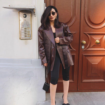 Women's Oversized Blazer Coat in Crocodile Embossing with Shawl Collar and Tie Belt EVA-US