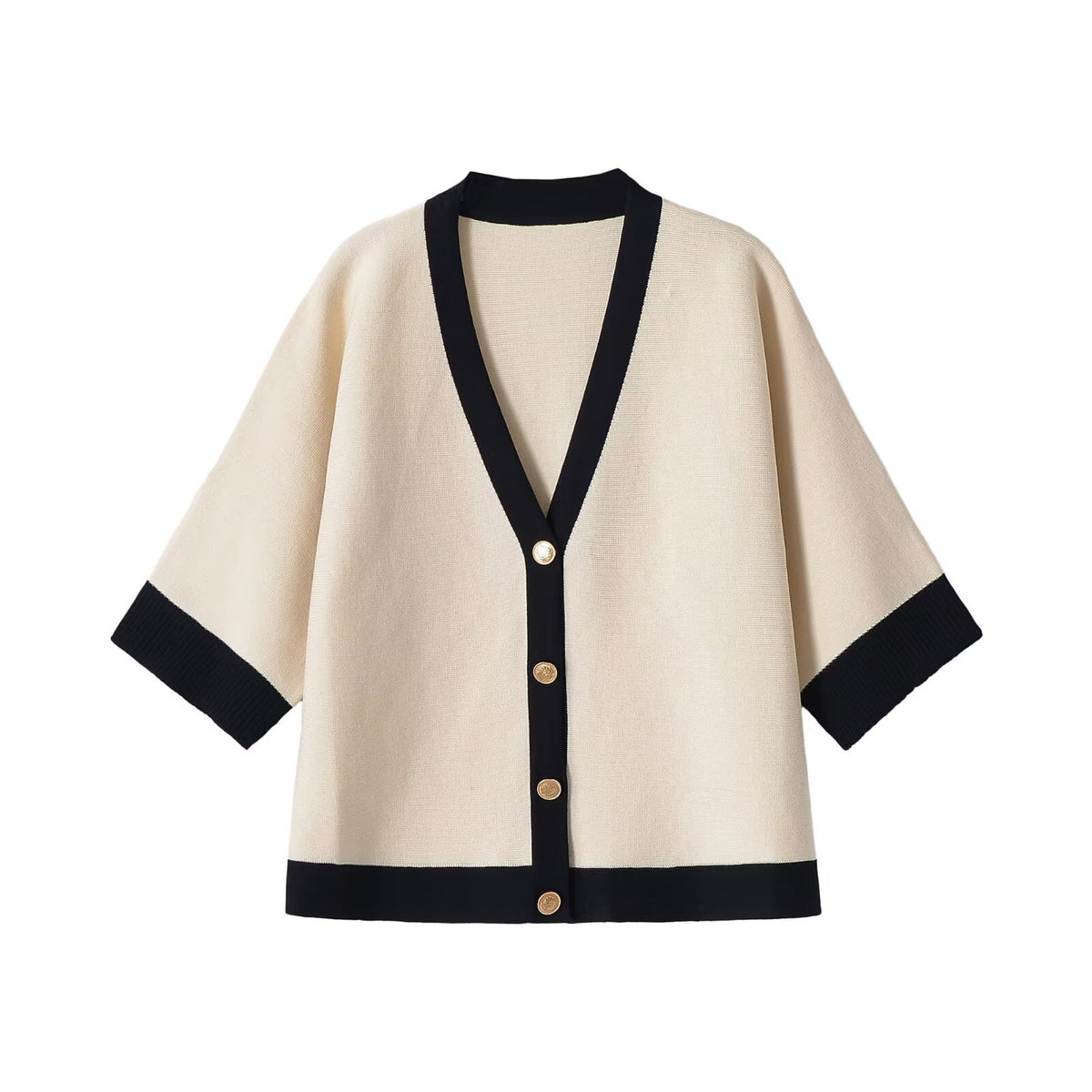 Ladies Short Sleeve Knit Cape Cardigan with Contrast Trim EVA-US