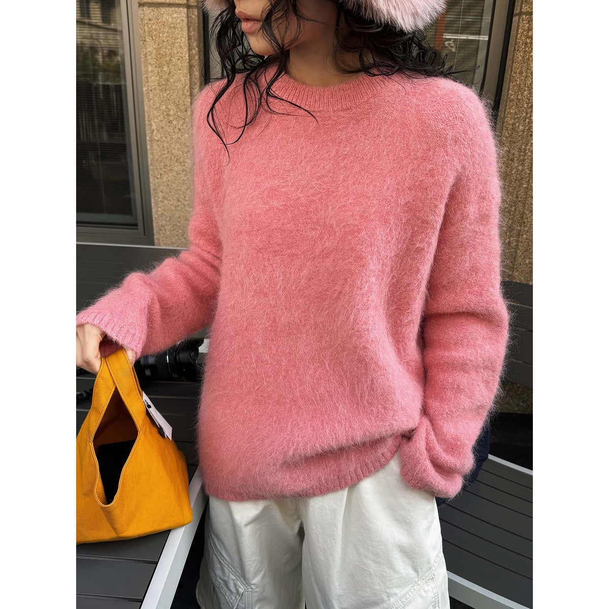 Women Fluffy Mohair-Mix Sweater with Loose Oversize Cut EVA-US