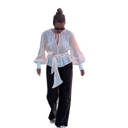 Women Elegant Wrap Blouse with Tie Belt and Voluminous Balloon Sleeves EVA-US
