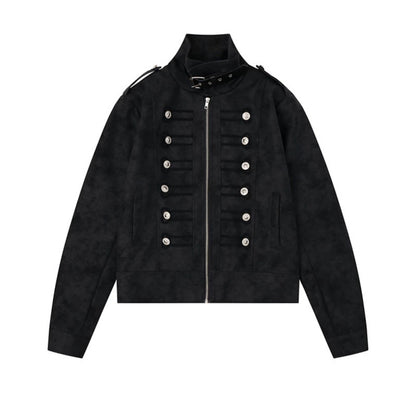 Women Military Inspired Short Jacket with Zipper, Decorative Button Plackets and Epaulettes EVA-US