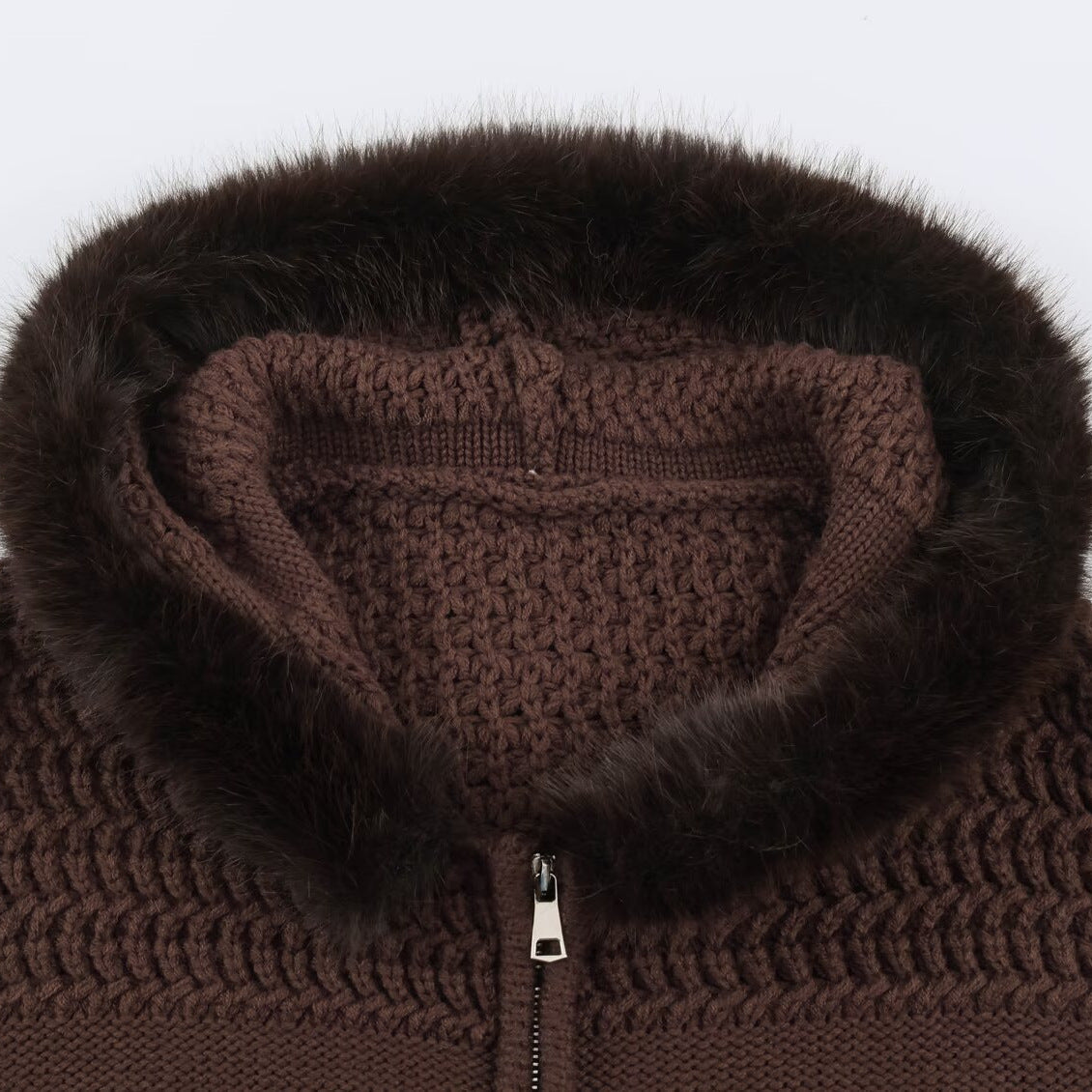 Women's chunky knit cardigan with zipper and faux fur hood EVA-US