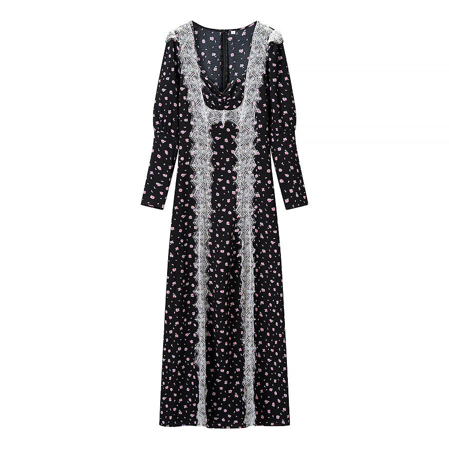 Ladies max dress with lace insert, long sleeves and floral all-over print EVA-US