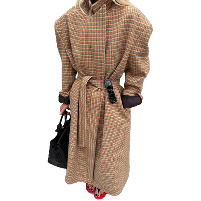 Women's Oversized Wool Check Coat with Waist Belt and Emphasized Shoulder Area EVA-US