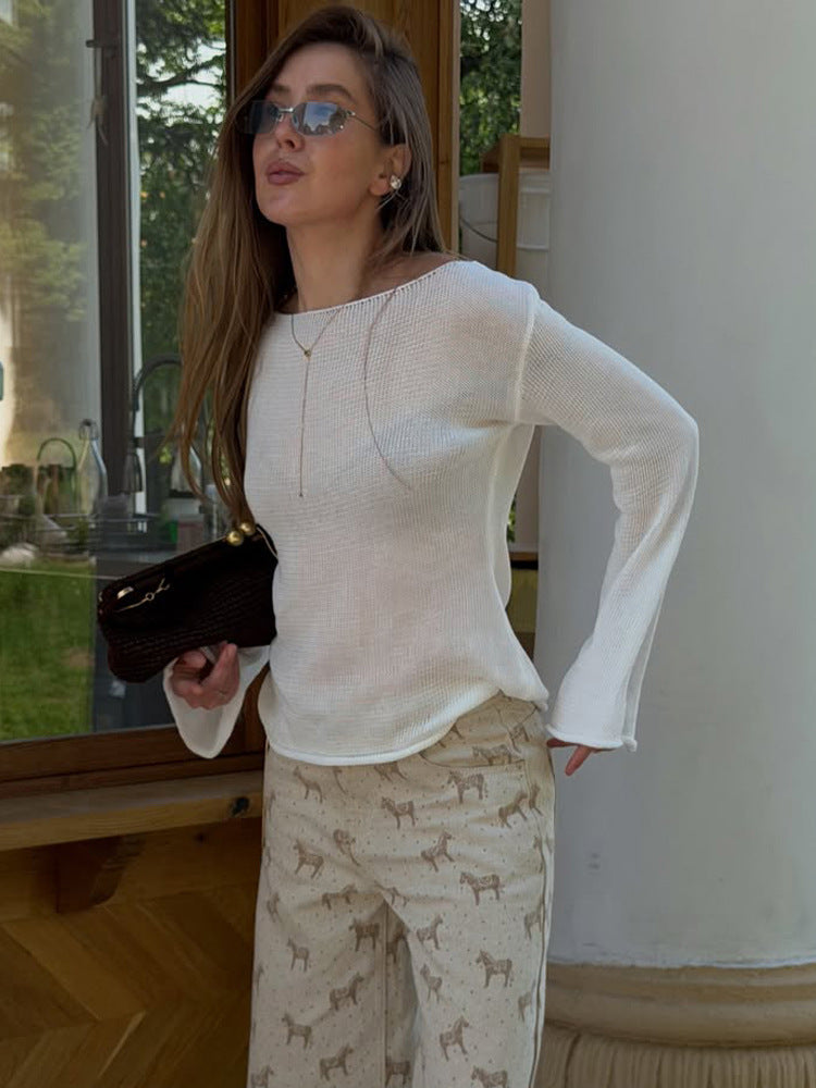 Women's chunky knit sweater with wide boat neckline & extra wide trumpet sleeves EVA-US