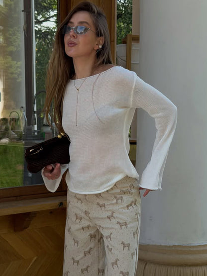Women's chunky knit sweater with wide boat neckline & extra wide trumpet sleeves EVA-US