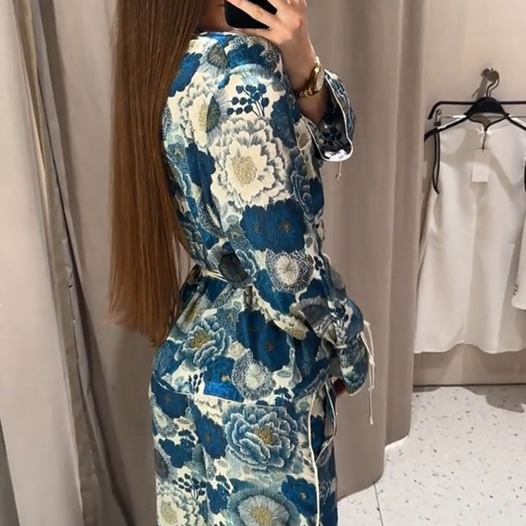 Women Two-Piece Floral Jacquard Loungewear Set with Waist Belt, Piping and Tied Sleeves EVA-US