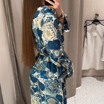 Women Two-Piece Floral Jacquard Loungewear Set with Waist Belt, Piping and Tied Sleeves EVA-US