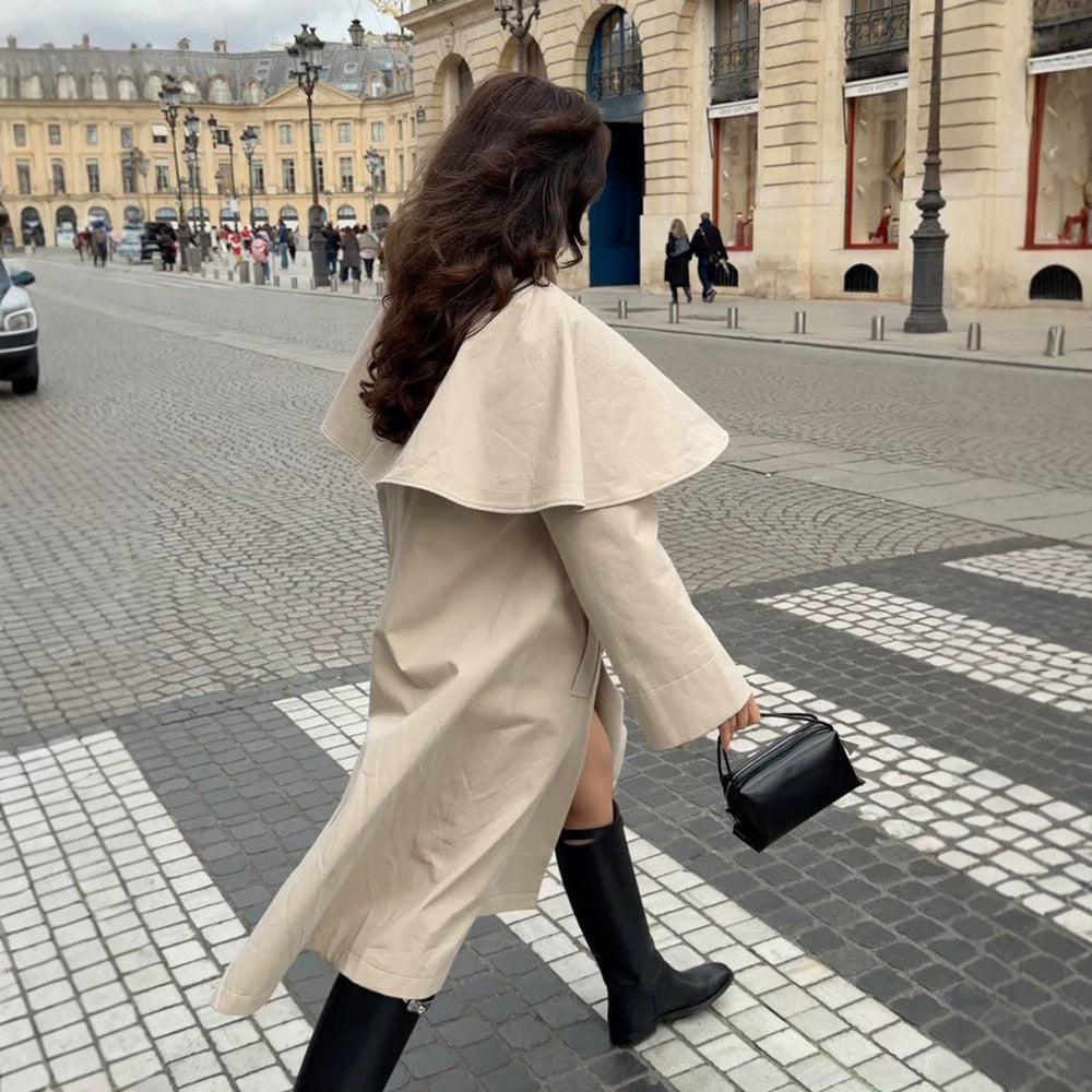 Women's Oversized Trench Coat with Cape Detail and High Stand Collar EVA-US