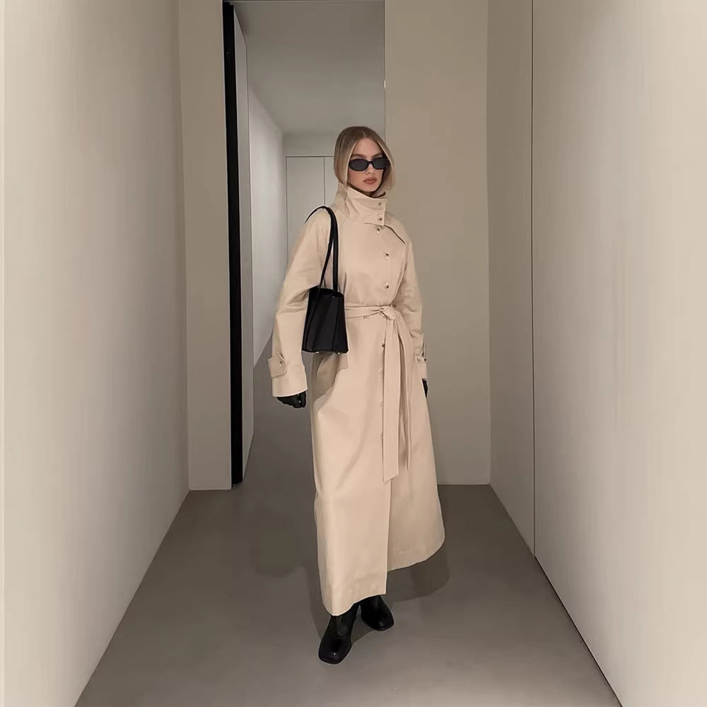 Women's Maxi Length Trench Coat with High Stand-Up Collar, Double-Breasted Button Placket and Tie Belt EVA-US
