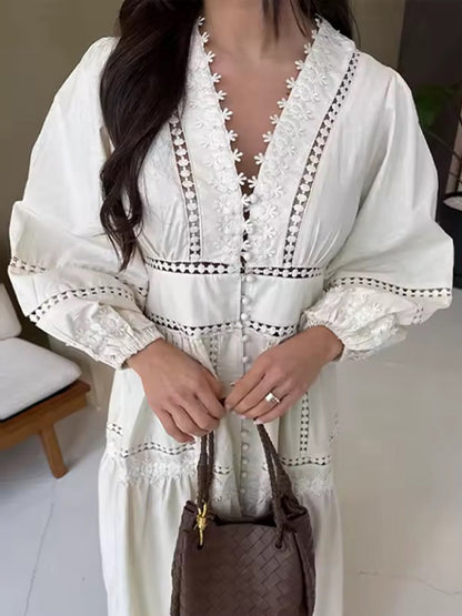 Women's maxi dress in boho style with lace inserts, button placket and balloon sleeves EVA-US