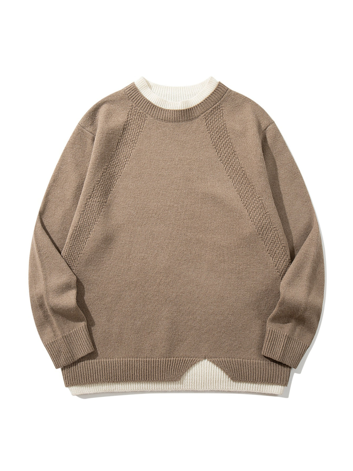 Women's Structured Rib and Waffle Knit Round Neck Sweater with Layered Hem EVA-US