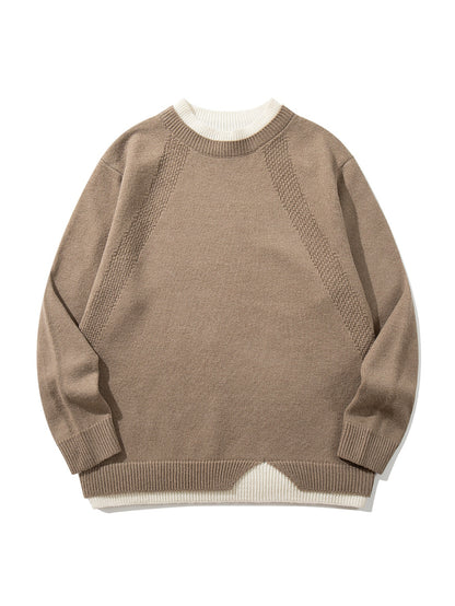 Women's Structured Rib and Waffle Knit Round Neck Sweater with Layered Hem EVA-US