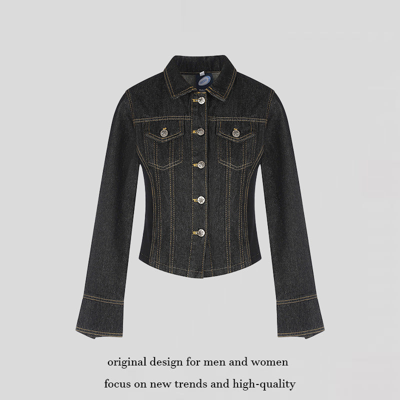 Women's tailored cropped denim jacket with shaping seams, chest patches, and decorative buttons EVA-US