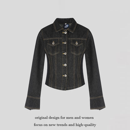 Women's tailored cropped denim jacket with shaping seams, chest patches, and decorative buttons EVA-US