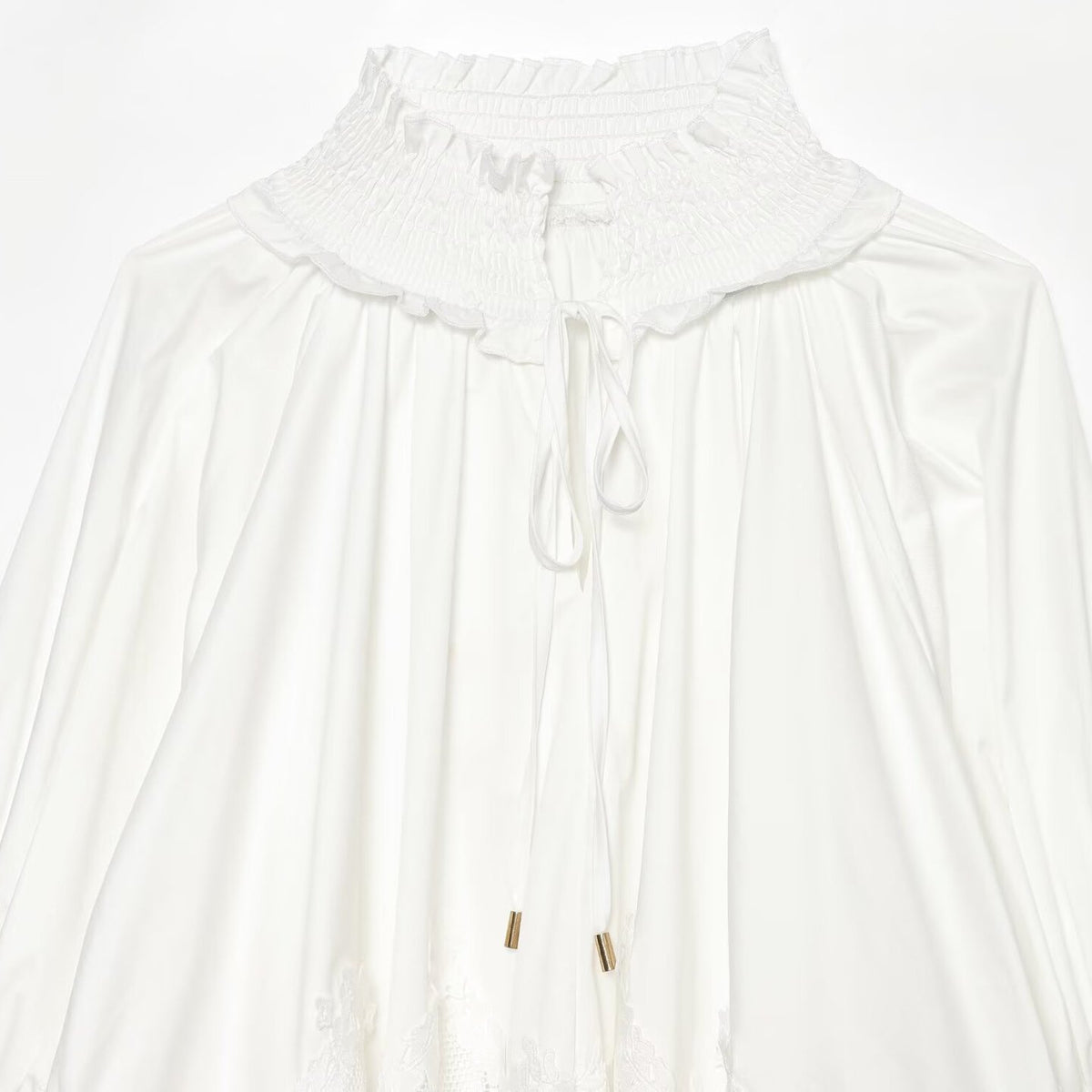 Ladies Romantic Blouse with Smocking Collar, Bell Sleeves and Lace Trim