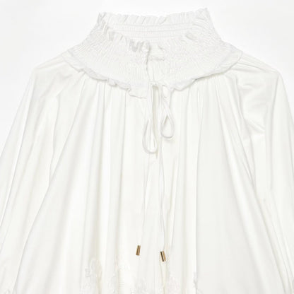 Ladies Romantic Blouse with Smocking Collar, Bell Sleeves and Lace Trim