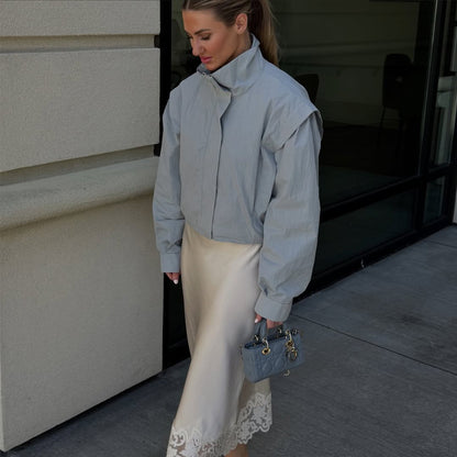 Women's Cropped Transitional Jacket with Stand Collar and Emphasized Shoulder Area EVA-US