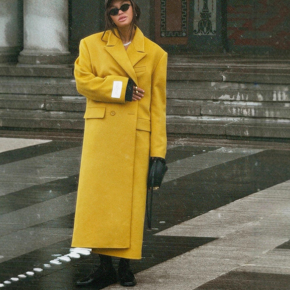 Women Oversized Wool Coat with Lapel Collar and Patch Pockets EVA-US