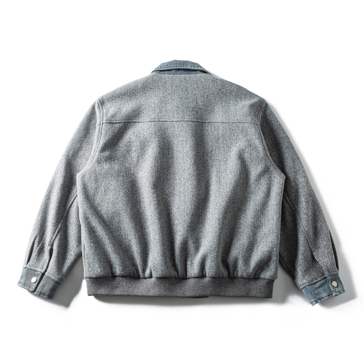 Men's Short Wool Blend Bomber Jacket with Denim Collar and Flap Pockets EVA-US