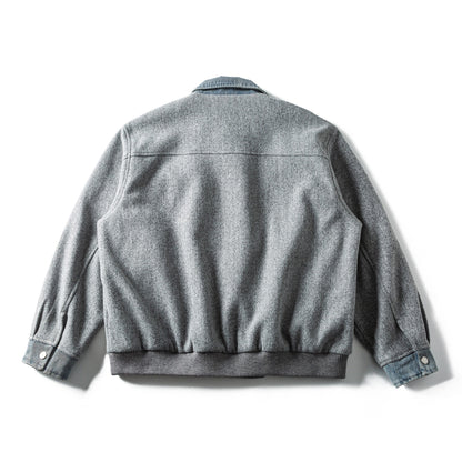 Men's Short Wool Blend Bomber Jacket with Denim Collar and Flap Pockets EVA-US