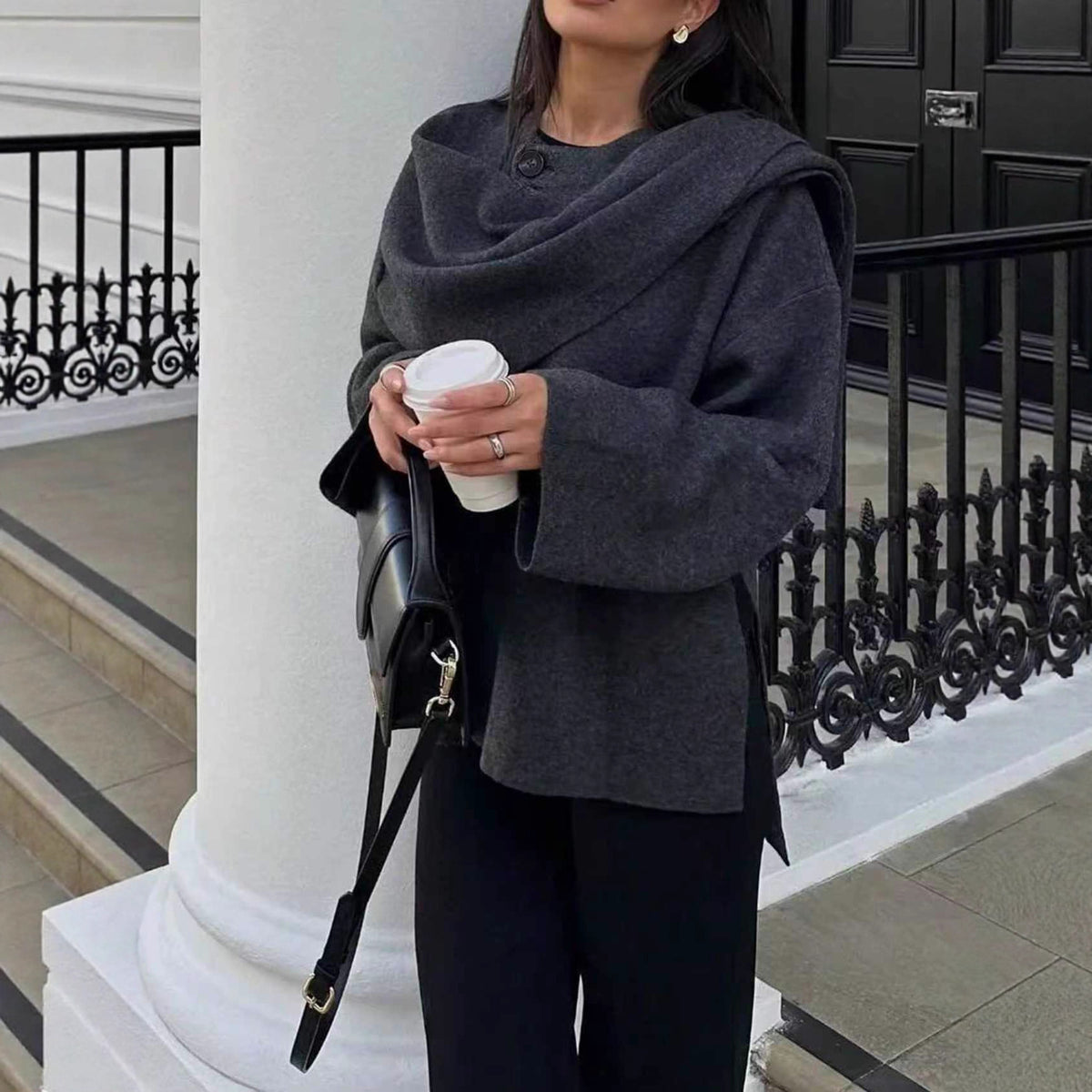 Women Oversize Wrap Poncho Coat with Wide Shawl Collar and One-Button Detail EVA-US