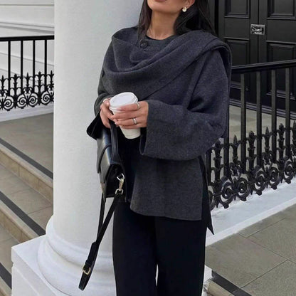 Women Oversize Wrap Poncho Coat with Wide Shawl Collar and One-Button Detail EVA-US