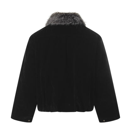 Men's Suede Bomber Jacket with Detachable Faux Fur Collar and Drawstring EVA-US