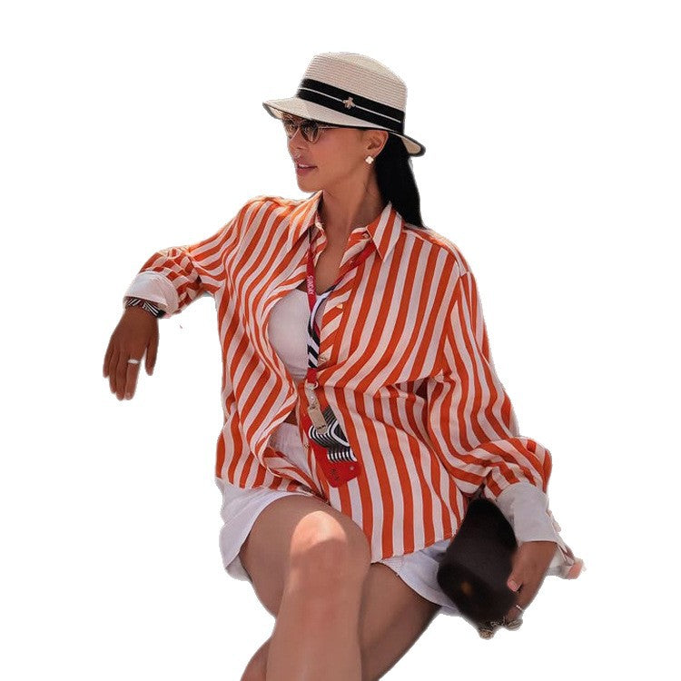 Women Striped Oversize Shirt Blouse with Contrasting Cuffs & Knot Ends EVA-US