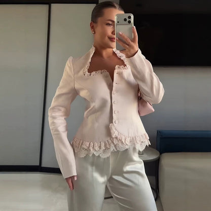Women Tailored Blazer with Lace Trim, Buttonless and Peplum EVA-US