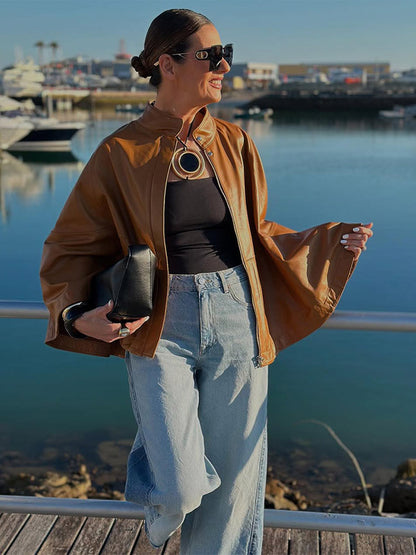 Women Cape-Sleeved Leather Jacket with Stand Collar EVA-US