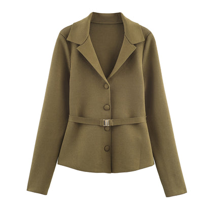 Women's Tailored Knit Blazer with Lapel Collar, Concealed Button Placket and Delicate Waist Belt EVA-US