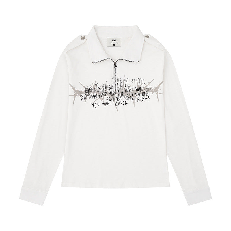 Women's long sleeve polo shirt with short zipper, shoulder pads and statement print EVA-US