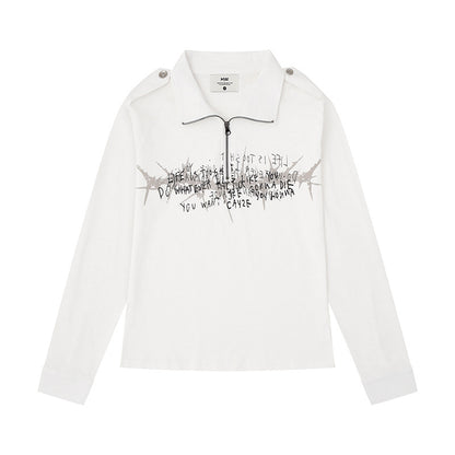 Women's long sleeve polo shirt with short zipper, shoulder pads and statement print EVA-US