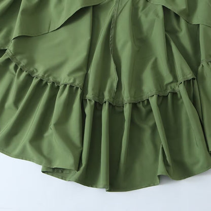 Women's Flowing Maxi Dress with Balloon Sleeves, Ruffle Details and Stand Collar EVA-US