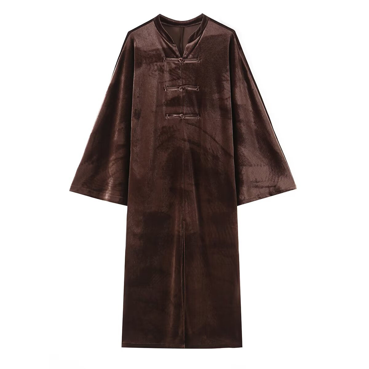 Women's Long Velvet Kimono-Style Coat with Mandarin Collar and Knot Closures EVA-US