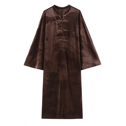 Women's Long Velvet Kimono-Style Coat with Mandarin Collar and Knot Closures EVA-US