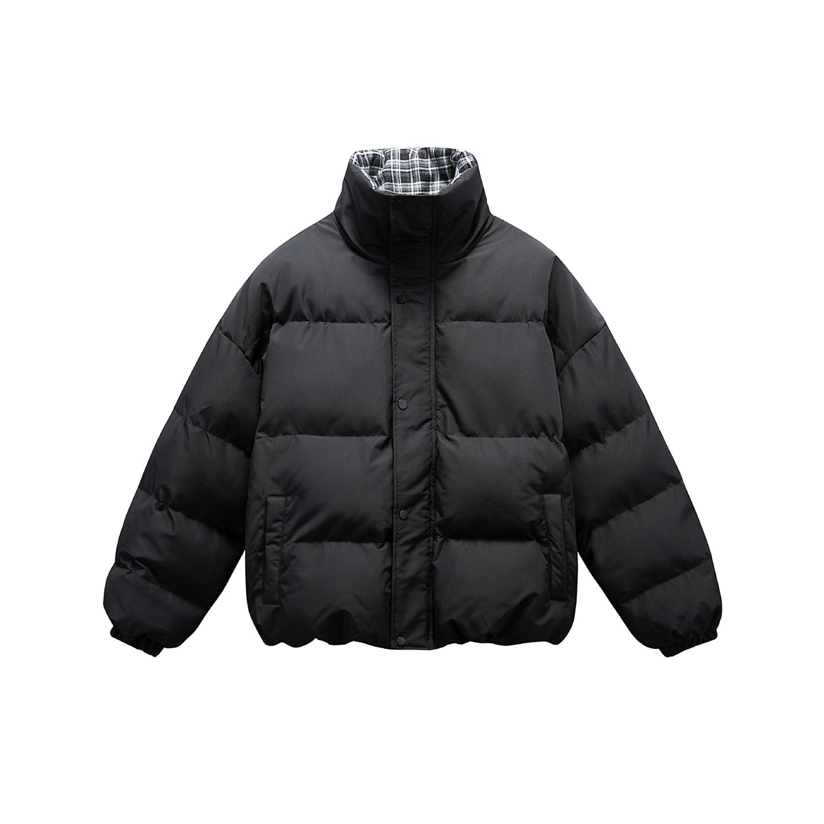 Unisex short boxy padded insulation jacket with extra high stand-up collar and checked lining EVA-US