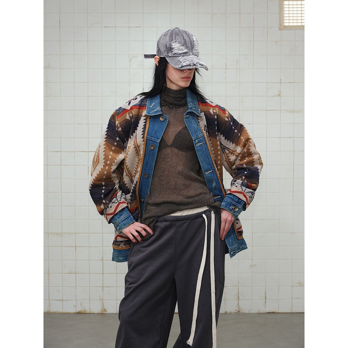 Unisex Loose-Fitting Jacquard Liner Jacket with Denim Trim and Graphic Ethno Pattern EVA-US