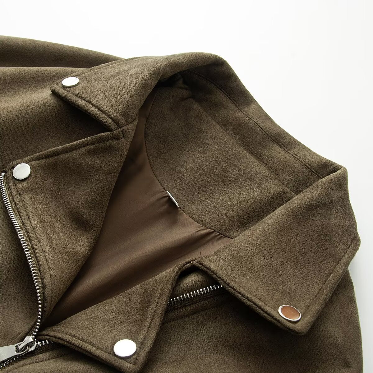 Women Asymmetrical Suede Leather Look Biker Jacket with Stand-Up Collar and Zippers EVA-US
