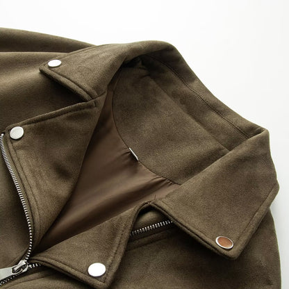 Women Asymmetrical Suede Leather Look Biker Jacket with Stand-Up Collar and Zippers EVA-US