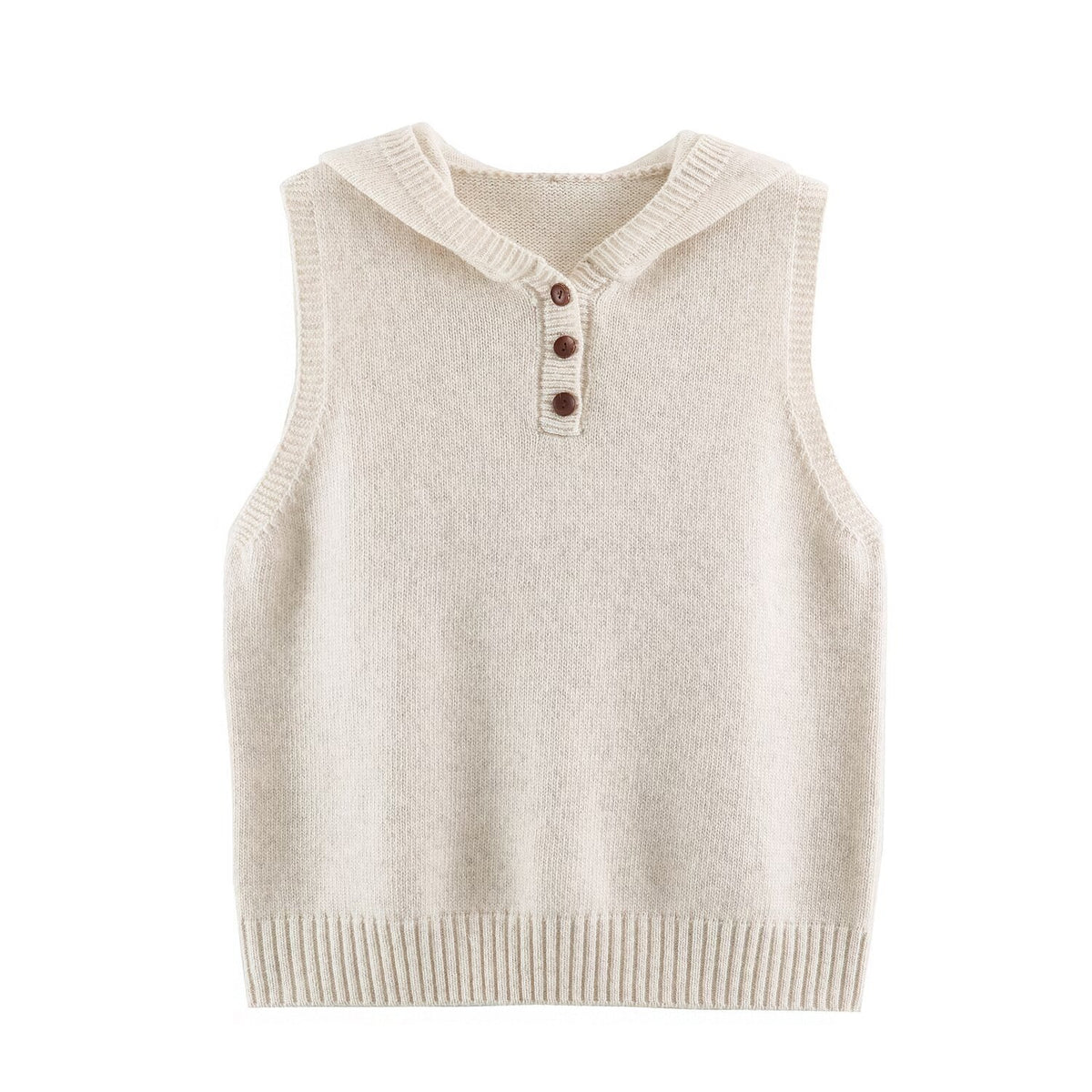Women's fine knit vest with hood, button placket, and ribbed waistband EVA-US