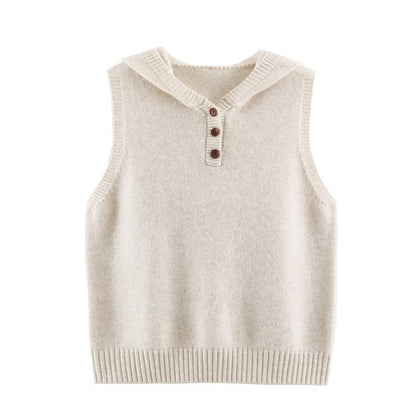 Women's fine knit vest with hood, button placket, and ribbed waistband EVA-US
