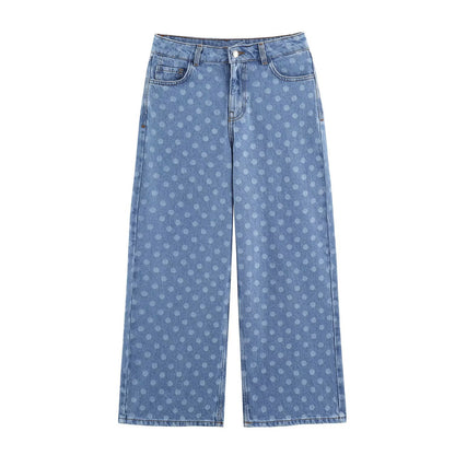Women Short-Cut Wide-Leg Jeans with Polka Dot Pattern and High Waist EVA-US